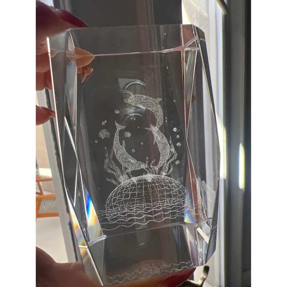 3D Laser Etched Glass Dolphin Paperweights Set of 4 Clear Faceted Blocks